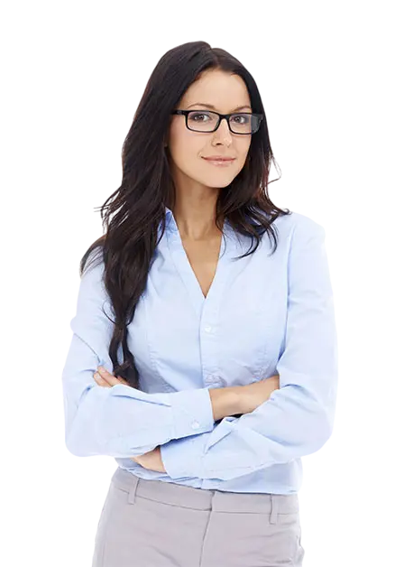 A woman with glasses dressed in a blue shirt, posing confidently for the photograph.